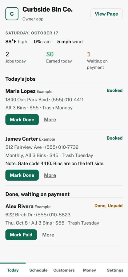 Binly owner app showing today's jobs