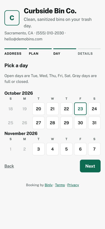 Binly booking page where a customer picks a wash day